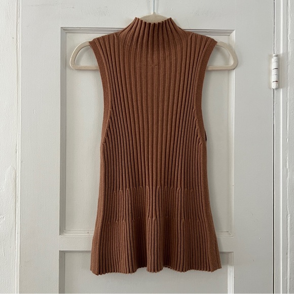 Anthropologie camel tan mock neck knit ribbed sleeveless blouse top tank Medium - Picture 2 of 11